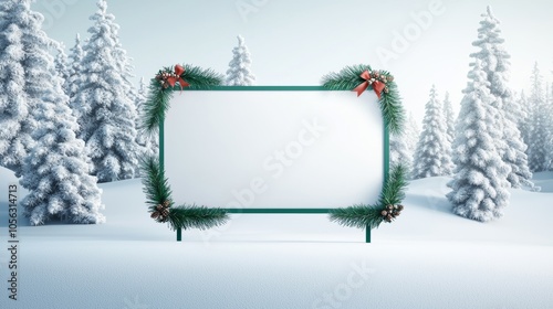 Blank Christmas billboard in a snowy landscape, framed by festive wreaths, pine trees, and snowflakes, perfect for logos or New Year messages photo