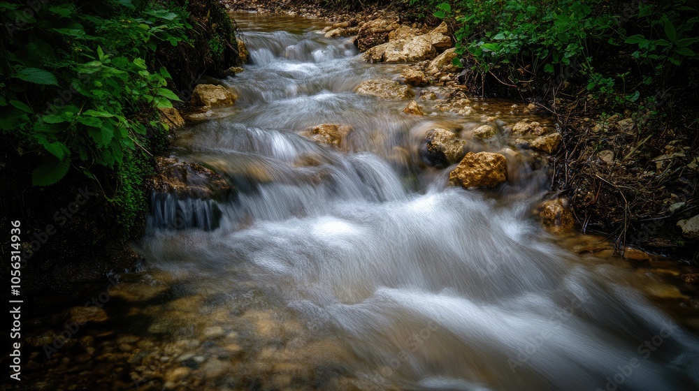 Gentle Stream Flowing Through Lush Greenery Gentle Stream Flowing Through Lush Greenery