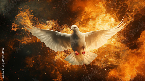 Majestic white dove soared through sky, its wings gracefully gliding among  clouds, symbolizing peace, hope, and freedom—powerful spirit cherish in many religions. purity, flight, feather, symbol. photo