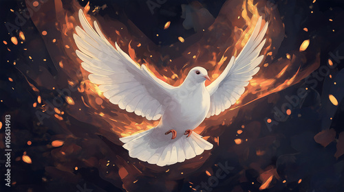 Majestic white dove soared through sky, its wings gracefully gliding among  clouds, symbolizing peace, hope, and freedom—powerful spirit cherish in many religions. purity, flight, feather, symbol. photo