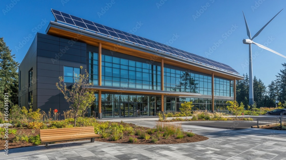 Obraz premium A large building with a wind turbine on top. The building has a lot of windows and is surrounded by a garden