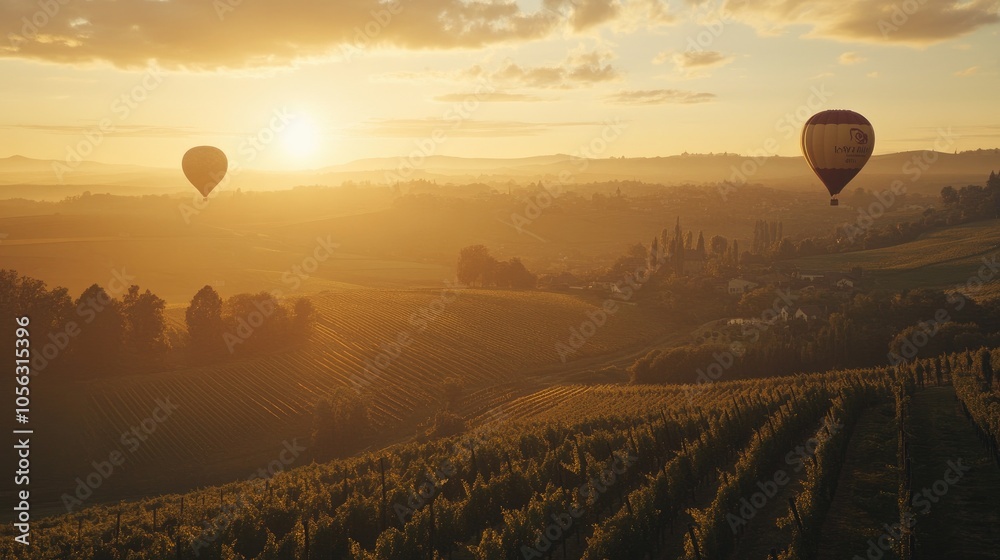 Hot Air Balloons Over Scenic Vineyards at Sunset Hot Air Balloons Over Scenic Vineyards at Sunset