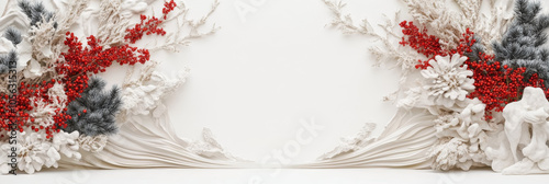 Red berries and white floral accents frame a blank space.