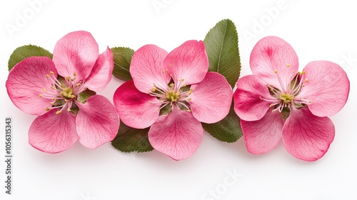 Pink Blossoms with Green Leaves on White Background