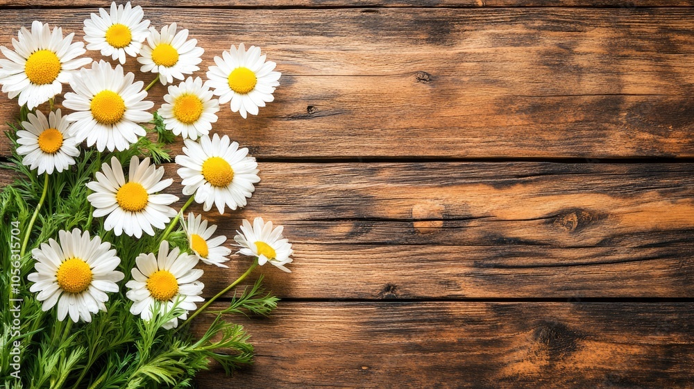 Obraz premium Fresh Daisies on Wooden Table Background