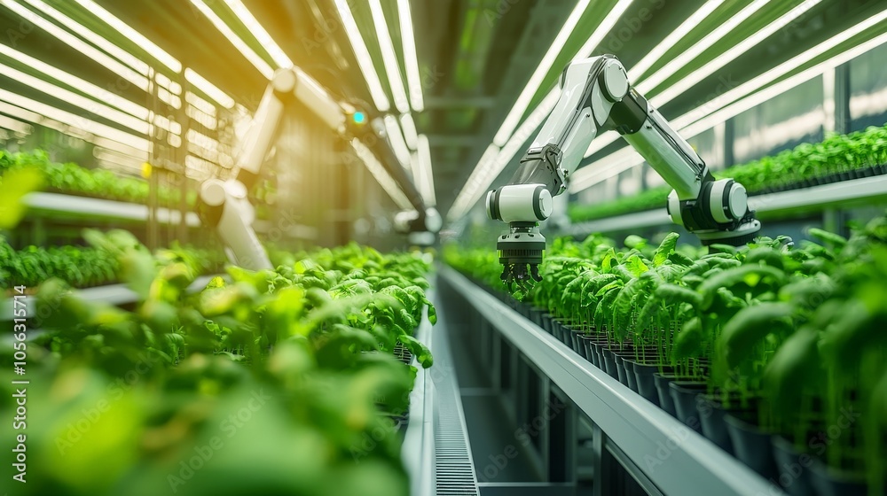 A panoramic view of a futuristic vertical farm with robotic arms tending to the plants, ensuring optimal growth conditions A panoramic view of a futuristic vertical farm with robotic arms tending to the plants, ensuring optimal growth conditions