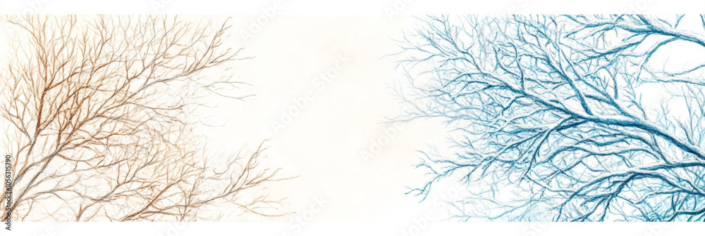 Bare branches of a tree, one side in winter, one side in summer. Bare branches of a tree, one side in winter, one side in summer.