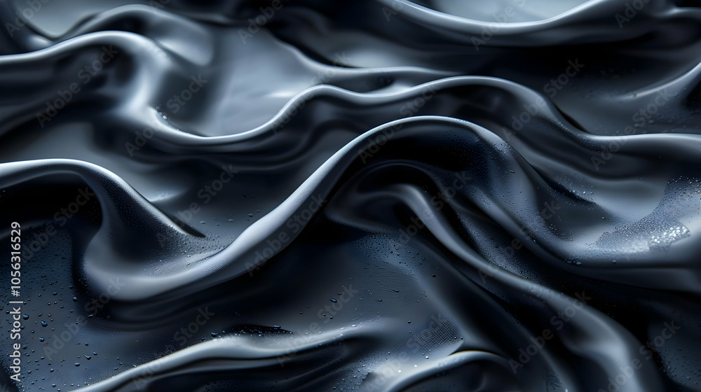 Fototapeta premium Abstract Dark Grey Wavy Fabric with Water Drops - 3D Illustration