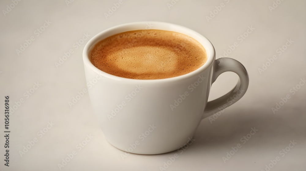 Close-up of espresso with rich crema in a white ceramic cup, minimalist presentation, clean white background, modern cafe style Close-up of espresso with rich crema in a white ceramic cup, minimalist presentation, clean white background, modern cafe style