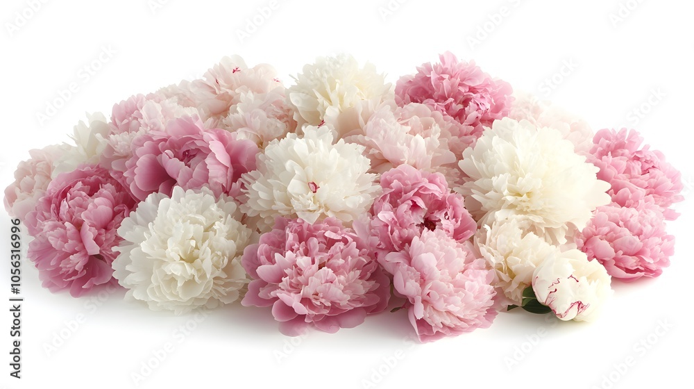 Beautiful display of pastel pink and white peonies, scattered on a pure white background, highlighting the elegance and fullness of each flower Beautiful display of pastel pink and white peonies, scattered on a pure white background, highlighting the elegance and fullness of each flower