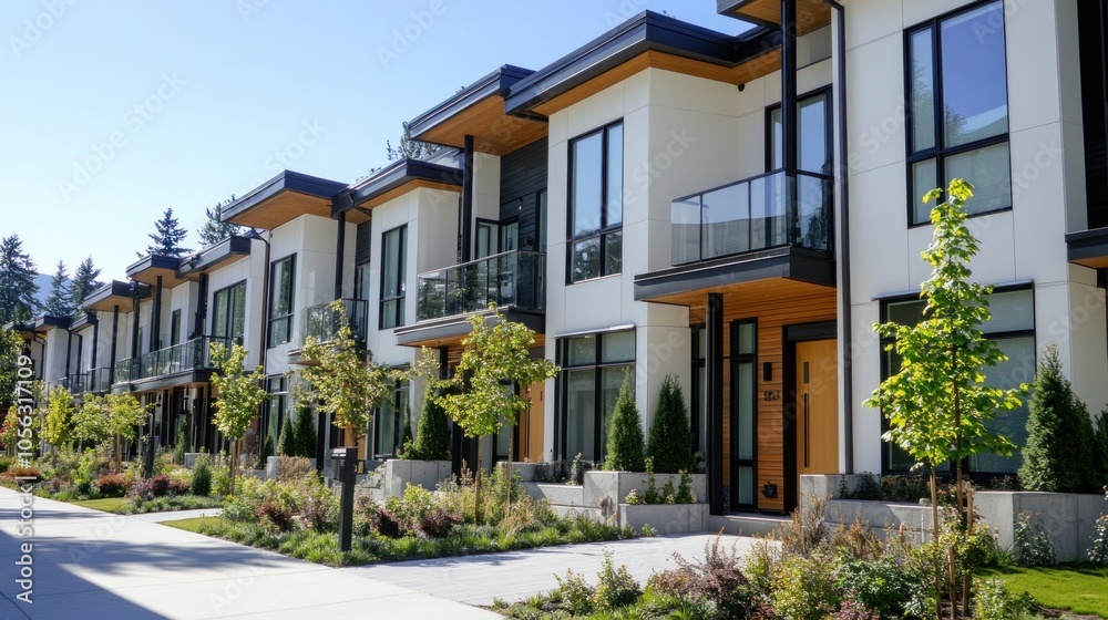 A row of white buildings with green trees in front of them. The buildings are tall and have balconies