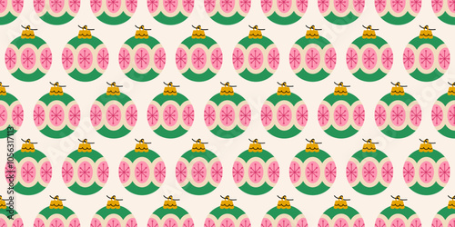 Seamless Christmas pattern with green ornaments with pink snowflake and yellow tops. New year joys. Winter season background. Noel backdrop. Retro print for fabric, wrapping paper, cards.