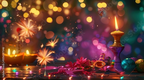 Festive Tabletop with Candles, Sparkles, and Decorations