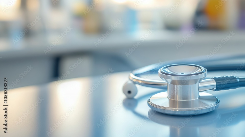 A stethoscope is on a table in front of a white background A stethoscope is on a table in front of a white background