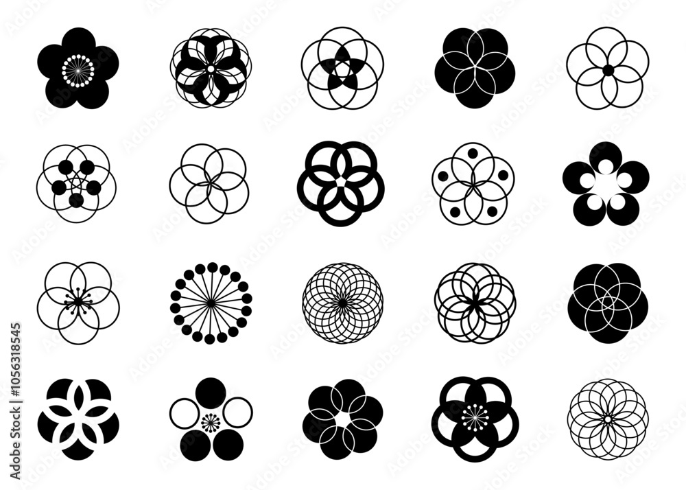 梅の花のアイコン モノクロ 白黒の梅の花びらのイラストセット 20種 バリエーション