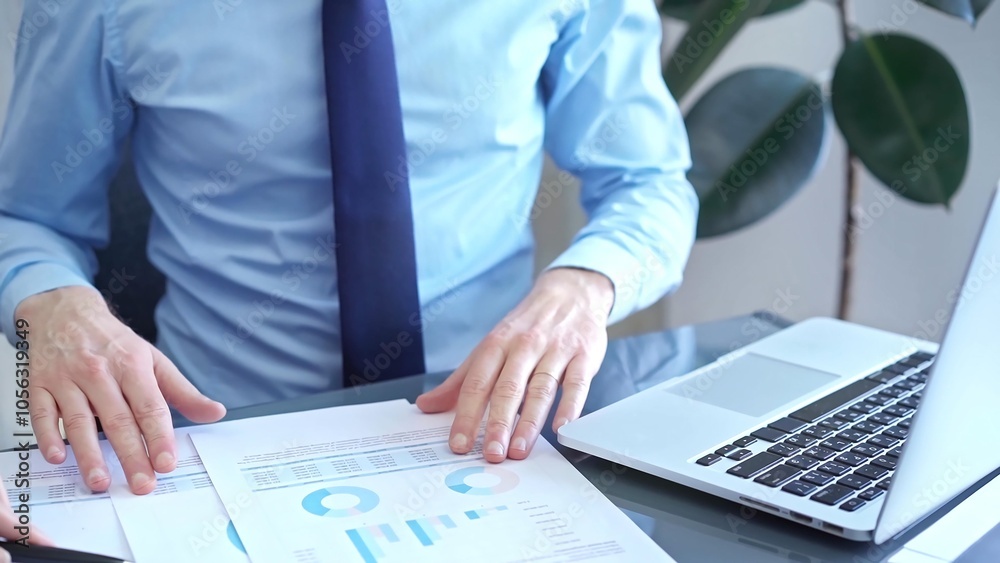 Businessman and woman analyzing data at glass desk beside a laptop in modern office, close up view. Business concept Businessman and woman analyzing data at glass desk beside a laptop in modern office, close up view. Business concept