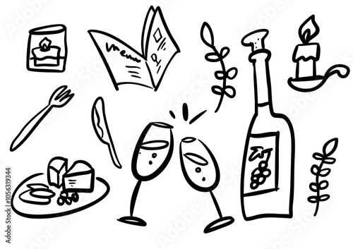 ベクター　飲食店で使えるシンプルイラストセット　シャンパン　グラス　おつまみ　メニュー　　