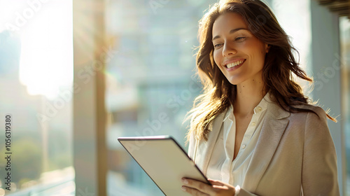 Free Download Happy businesswoman using a tablet against a light background - GFXLoad