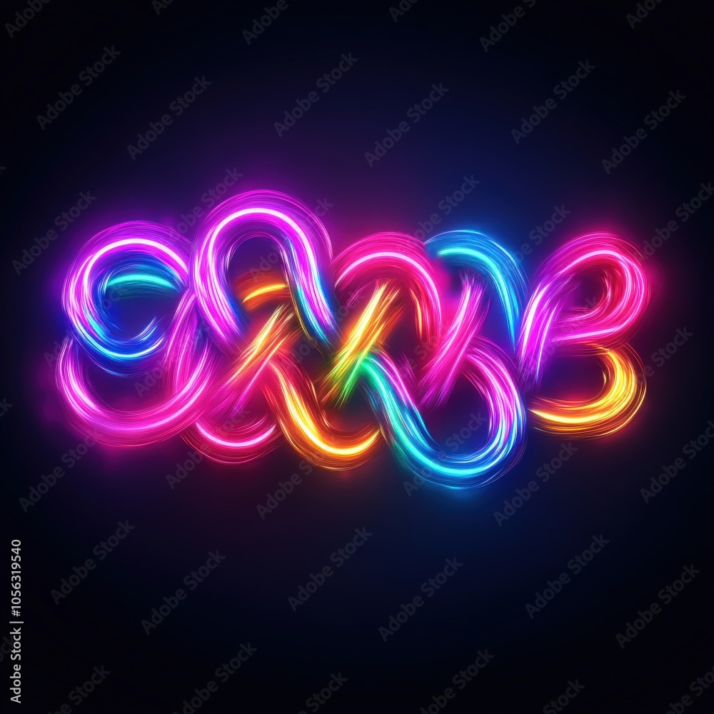 Colorful neon light trails creating an abstract pattern on dark background.