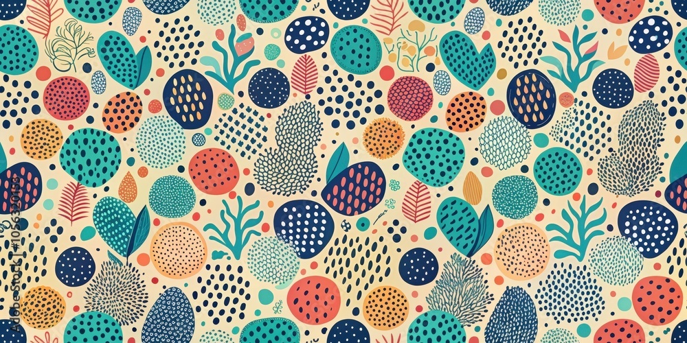 A vibrant abstract pattern featuring a variety of organic shapes, dots, and textures, creating a whimsical and playful aesthetic. A vibrant abstract pattern featuring a variety of organic shapes, dots, and textures, creating a whimsical and playful aesthetic.