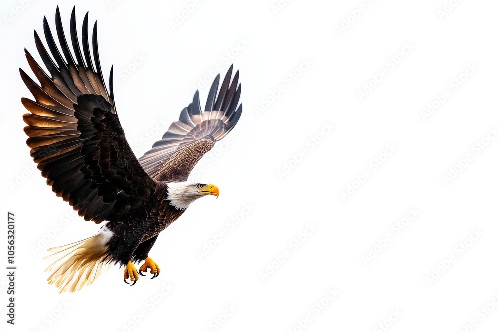 Obraz premium Eagle soaring gracefully, wings spread, white isolated background.