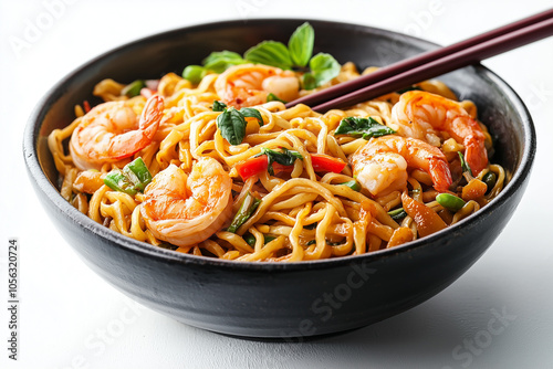 Lo Mein noodle with shrimps in bowl isolated on white background.