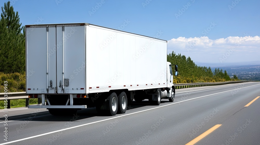 A white truck pulls a trailer on a highway, moving swiftly as the background blurs against a vibrant blue sky A white truck pulls a trailer on a highway, moving swiftly as the background blurs against a vibrant blue sky