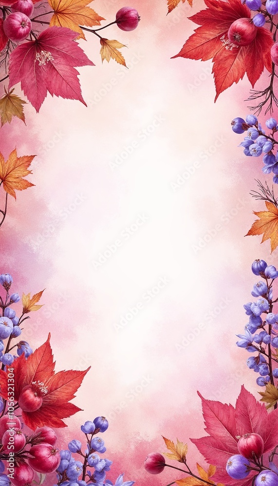 Watercolor autumn foliage and berries background with vibrant colors and copy space Watercolor autumn foliage and berries background with vibrant colors and copy space