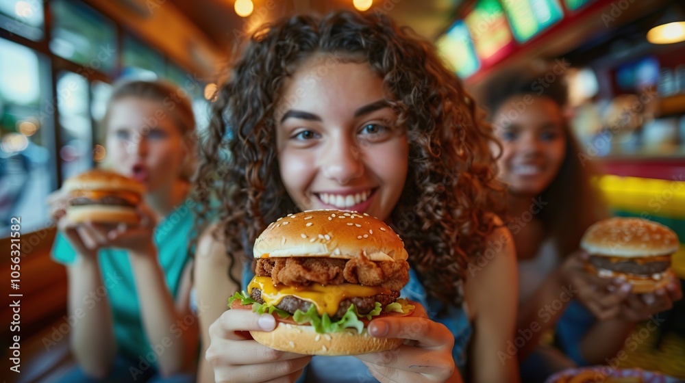 Three young women sitting at a table in a restaurant, smiling and holding hamburgers. Three young women sitting at a table in a restaurant, smiling and holding hamburgers.