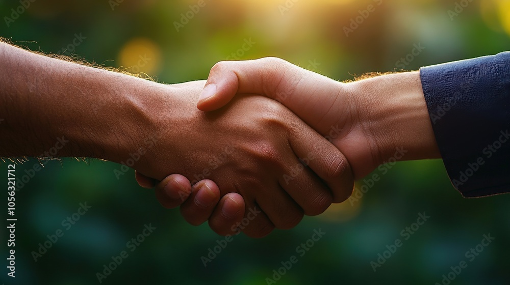 Handshake, symbolizing agreement and partnership in a serene outdoor setting. Handshake, symbolizing agreement and partnership in a serene outdoor setting.