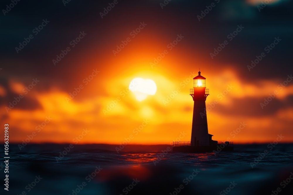 Lighthouse silhouette against a dramatic sunset over the ocean. Lighthouse silhouette against a dramatic sunset over the ocean.