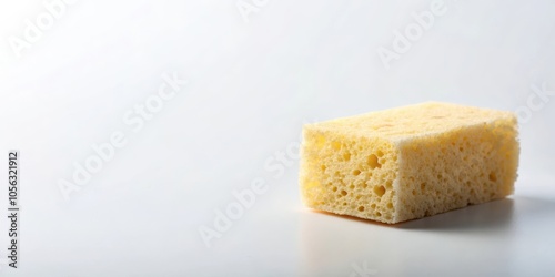 A single yellow sponge with a porous texture, isolated on a white background. It's a common household item used for cleaning and washing dishes.