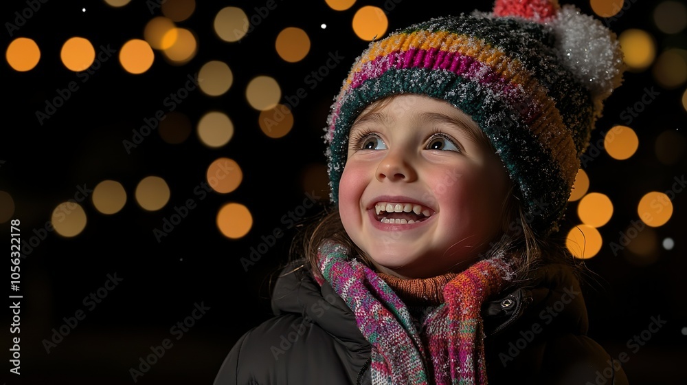 Smiling Girl in Winter Hat Laughing in the Snow Under Festive Lights Smiling Girl in Winter Hat Laughing in the Snow Under Festive Lights