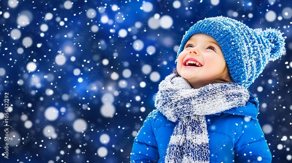 Cheerful Girl in Coat Laughing and Looking at Snowflakes Falling Cheerful Girl in Coat Laughing and Looking at Snowflakes Falling