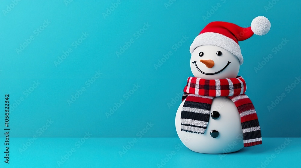 Cute Snowman Wearing Knitted Hat and Red Scarf Joyfully Standing on Bright Blue Background Cute Snowman Wearing Knitted Hat and Red Scarf Joyfully Standing on Bright Blue Background