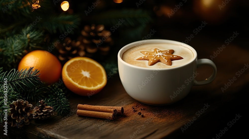 Christmas Coffee With Gingerbread Star Cookie and Cinnamon Surrounded by Pine Cones and Fresh Oranges Christmas Coffee With Gingerbread Star Cookie and Cinnamon Surrounded by Pine Cones and Fresh Oranges