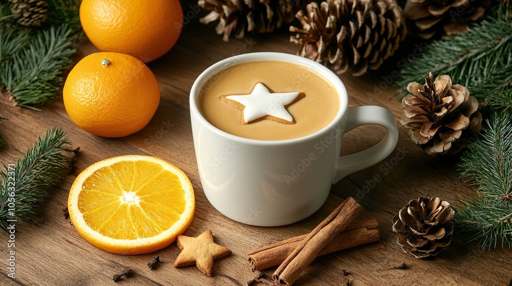 Festive Coffee With Gingerbread Star Cookie and Cinnamon Sticks Surrounded by Fresh Oranges and Pinecones Festive Coffee With Gingerbread Star Cookie and Cinnamon Sticks Surrounded by Fresh Oranges and Pinecones