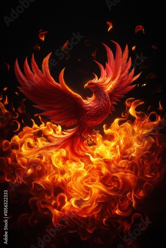 Mythical phoenix rising from flames, representing rebirth and transformation.