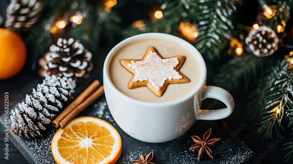 Cozy Latte With Gingerbread Cookie and Cinnamon Surrounded by Oranges and Pinecones Cozy Latte With Gingerbread Cookie and Cinnamon Surrounded by Oranges and Pinecones