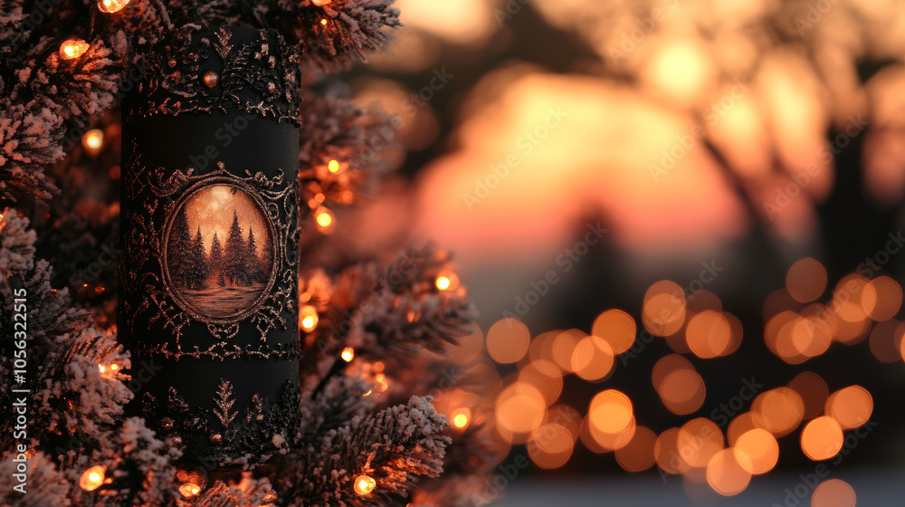 A close-up of a Christmas tree ornament depicting a winter forest scene, with warm lights and a blurred background. A close-up of a Christmas tree ornament depicting a winter forest scene, with warm lights and a blurred background.