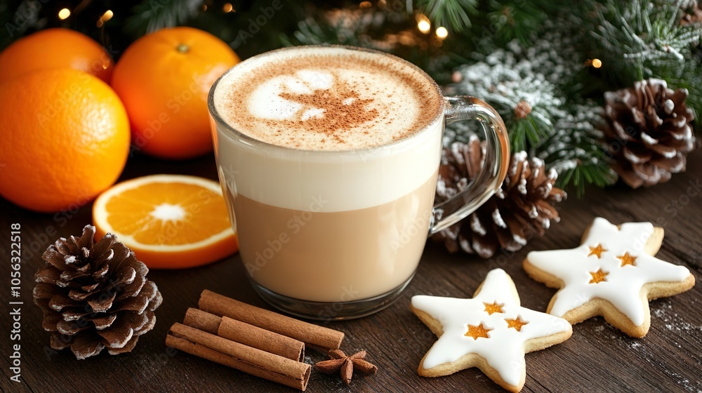 Christmas Latte With Gingerbread Star Cookie, Oranges, and Pinecones Christmas Latte With Gingerbread Star Cookie, Oranges, and Pinecones