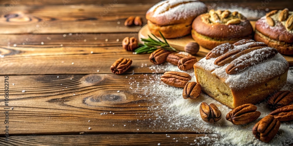 Sweet Pecan Loaf with a Powdered Sugar Glaze, Scattered Nuts, and Rustic Wooden Background Sweet Pecan Loaf with a Powdered Sugar Glaze, Scattered Nuts, and Rustic Wooden Background