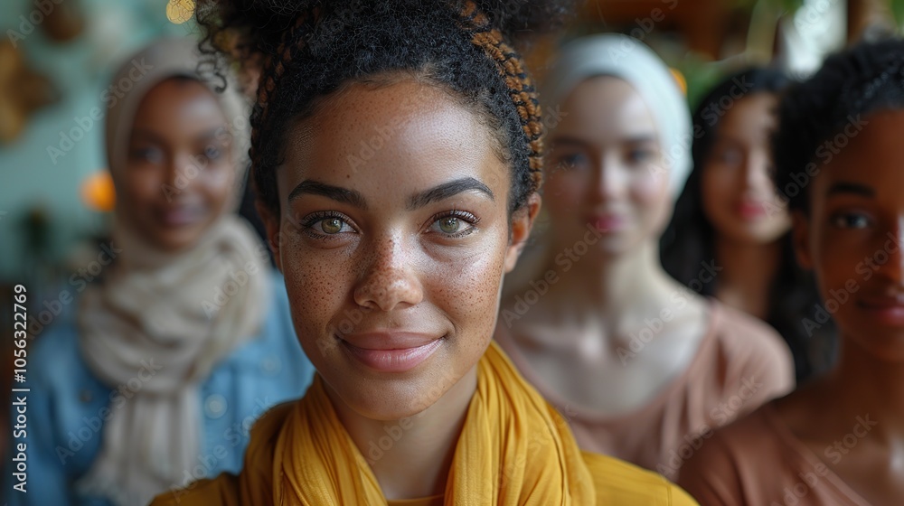 A group of diverse women in a cafe, smiling and looking at the camera. A group of diverse women in a cafe, smiling and looking at the camera.