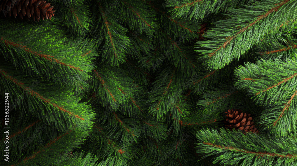 Close-up of lush green pine branches with a few pine cones. Close-up of lush green pine branches with a few pine cones.