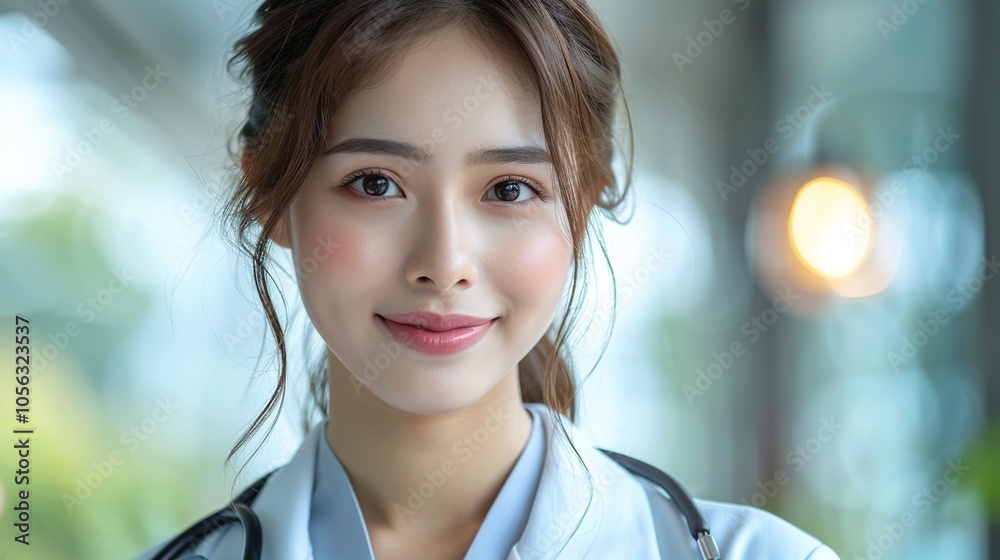 A young woman doctor smiling at the camera with a stethoscope around her neck. A young woman doctor smiling at the camera with a stethoscope around her neck.