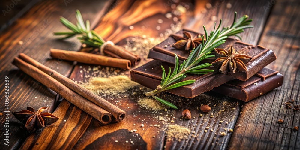 Dark Chocolate Bars with Cinnamon Sticks, Star Anise, and Rosemary Sprigs on a Wooden Surface Dark Chocolate Bars with Cinnamon Sticks, Star Anise, and Rosemary Sprigs on a Wooden Surface
