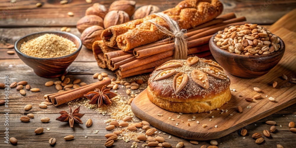 A freshly baked sweet bread adorned with delicate leaf-shaped decorations, surrounded by cinnamon sticks, star anise, and a bowl of toasted nuts, creating a warm and inviting scene. A freshly baked sweet bread adorned with delicate leaf-shaped decorations, surrounded by cinnamon sticks, star anise, and a bowl of toasted nuts, creating a warm and inviting scene.