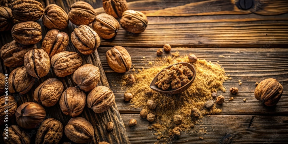 A close-up view of a rustic wooden surface with a pile of walnuts and ground nuts in a wooden bowl, showcasing the natural beauty of these culinary delights. A close-up view of a rustic wooden surface with a pile of walnuts and ground nuts in a wooden bowl, showcasing the natural beauty of these culinary delights.