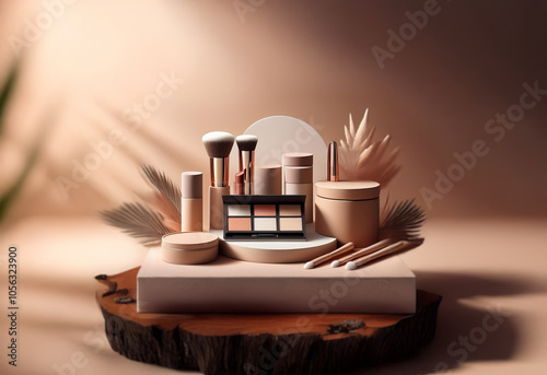 Wallpaper Mural A minimal still life featuring makeup products arranged on a wooden platform with soft lighting. Torontodigital.ca