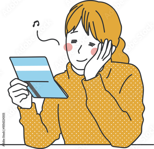 通帳を見てご機嫌な女性のシンプルイラスト